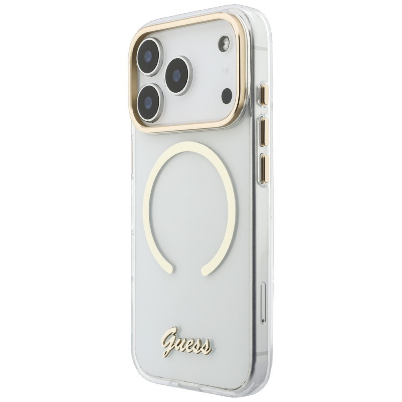 Guess IML Script Metal MagSafe vāciņš Apple iPhone 18 Pro / 17 Pro, caurspīdīgs
