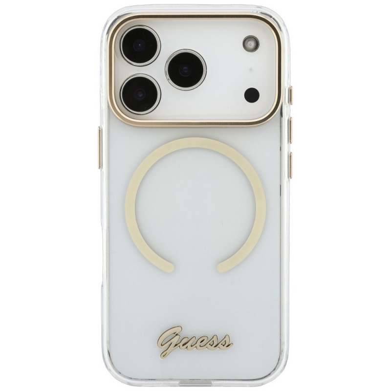 Guess IML Script Metal MagSafe vāciņš Apple iPhone 18 Pro Max / 17 Pro Max, caurspīdīgs