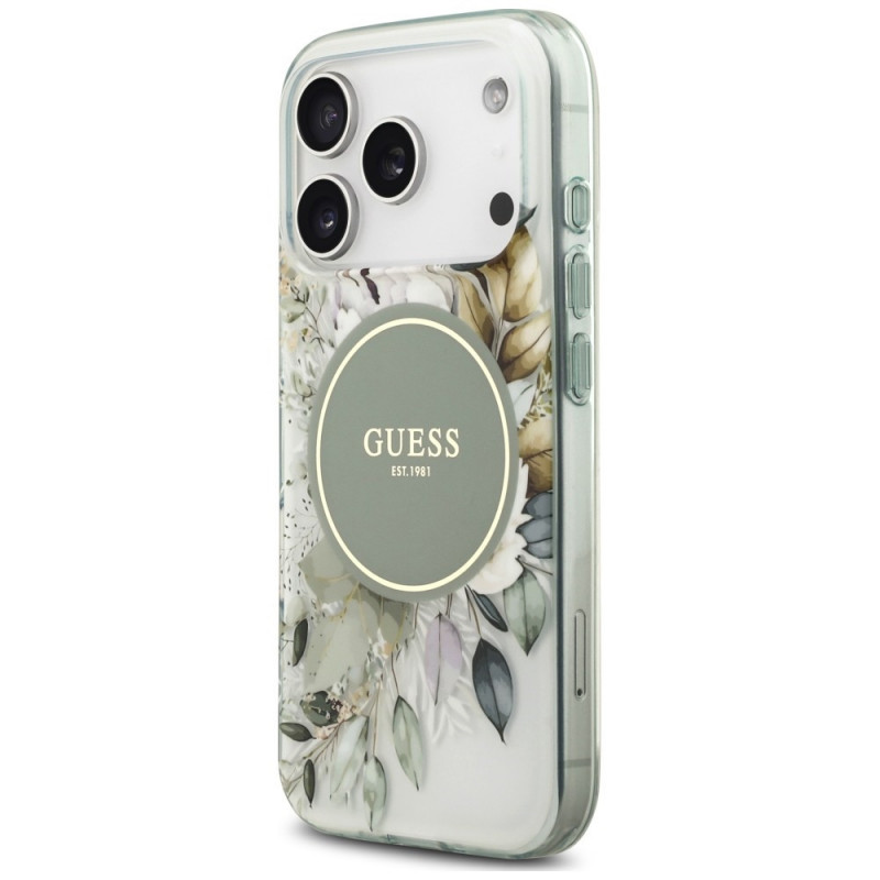 Guess IML Flower & Tonal Circle MagSafe vāciņš Apple iPhone 18 Pro Max / 17 Pro Max, zaļš