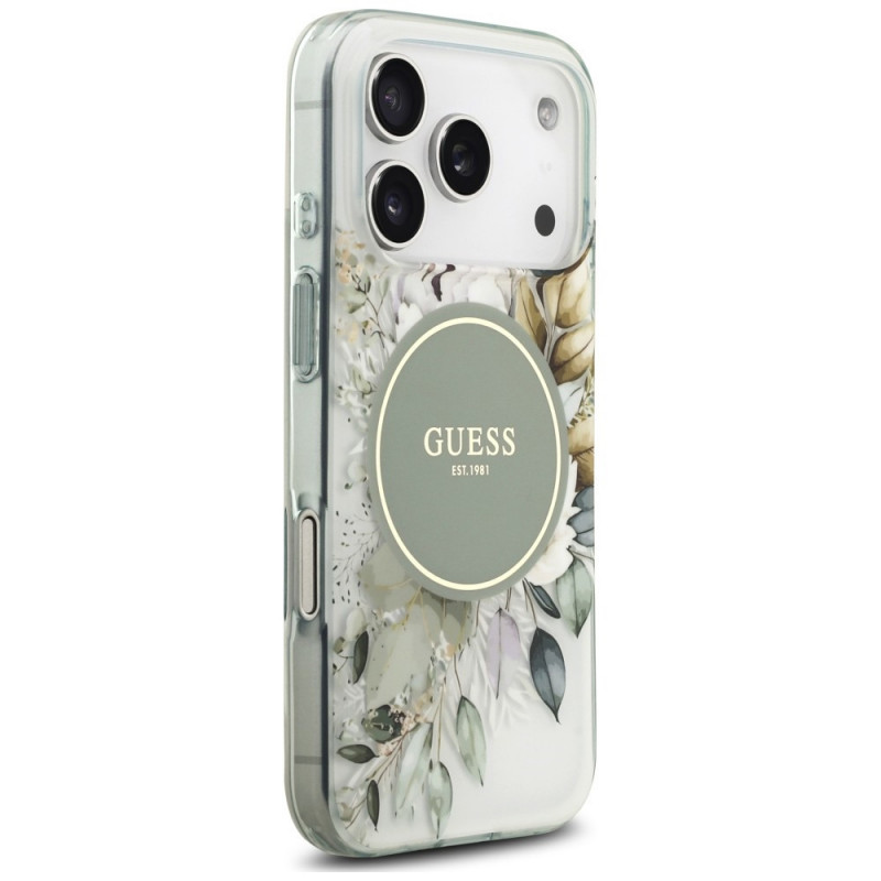 Guess IML Flower & Tonal Circle MagSafe vāciņš Apple iPhone 18 Pro Max / 17 Pro Max, zaļš