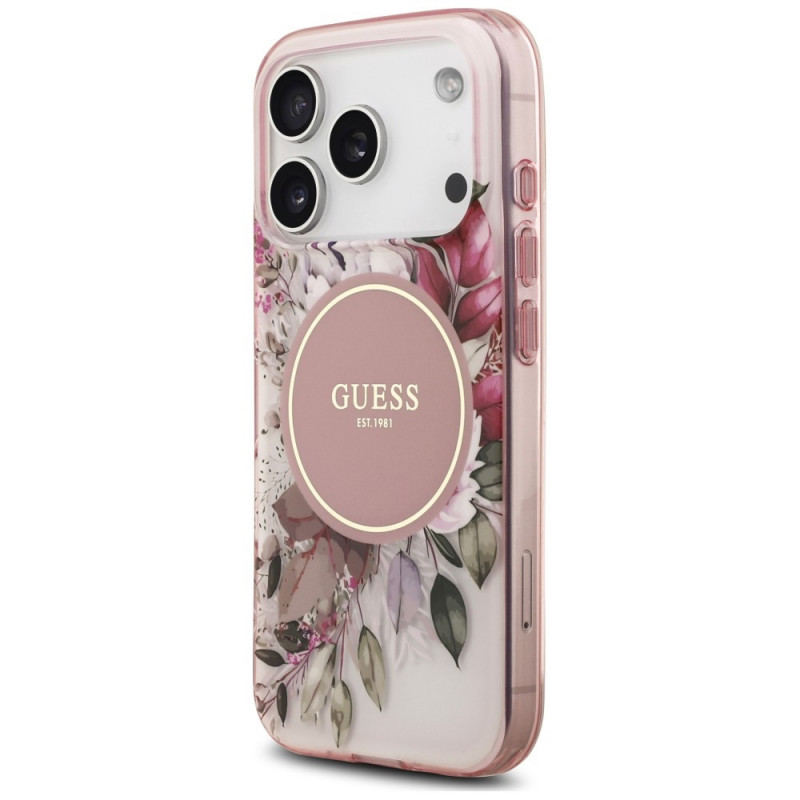 Guess IML Flower & Tonal Circle MagSafe vāciņš Apple iPhone 18 Pro / 17 Pro, rozā