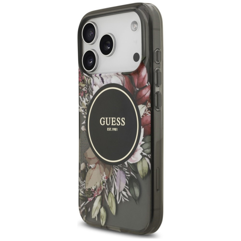 Guess IML Flowers Pearl Strap MagSafe vāciņš Apple iPhone 18 Pro / 17 Pro, melns
