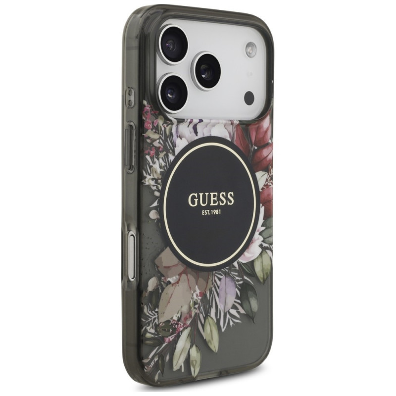 Guess IML Flowers Pearl Strap MagSafe vāciņš Apple iPhone 18 Pro / 17 Pro, melns