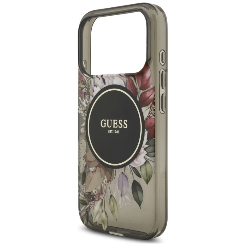Guess IML Flowers Pearl Strap MagSafe vāciņš Apple iPhone 18 Pro / 17 Pro, melns