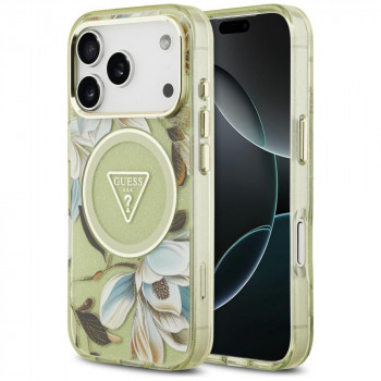 Guess IML Glitter Flowers Triangle MagSafe vāciņš Apple iPhone 18 Pro Max / 17 Pro Max, zaļš