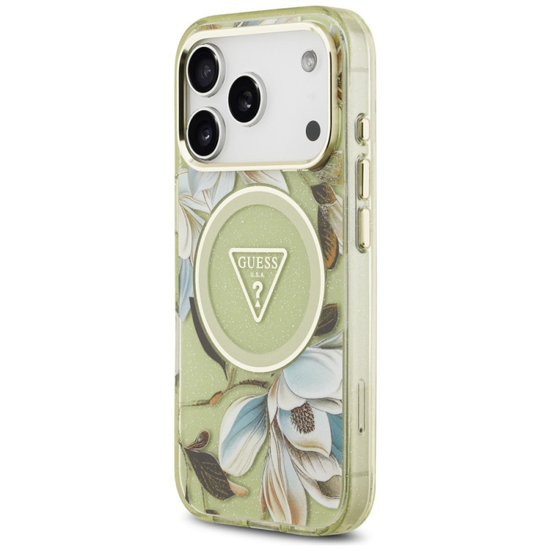 Guess IML Glitter Flowers Triangle MagSafe vāciņš Apple iPhone 18 Pro Max / 17 Pro Max, zaļš