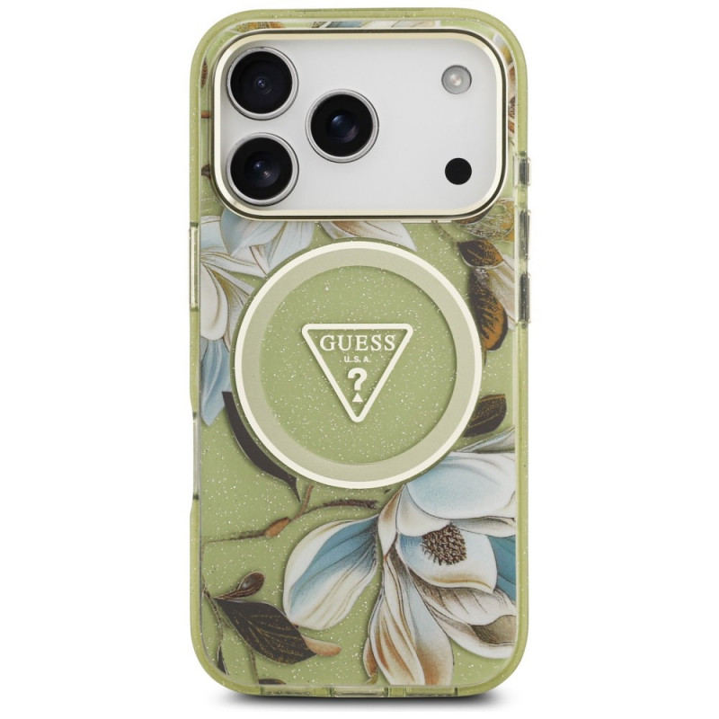 Guess IML Glitter Flowers Triangle MagSafe vāciņš Apple iPhone 18 Pro Max / 17 Pro Max, zaļš