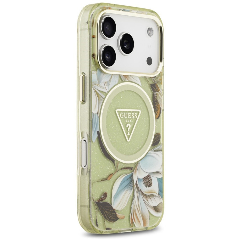 Guess IML Glitter Flowers Triangle MagSafe vāciņš Apple iPhone 18 Pro Max / 17 Pro Max, zaļš