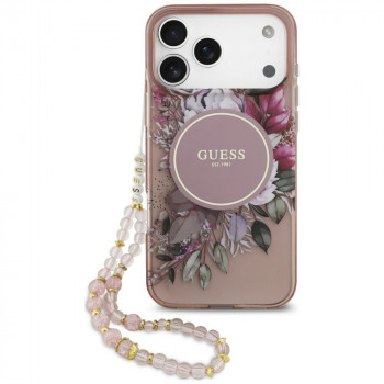 Guess IML Flowers Pearl Strap MagSafe vāciņš Apple iPhone 18 Pro Max / 17 Pro Max, rozā