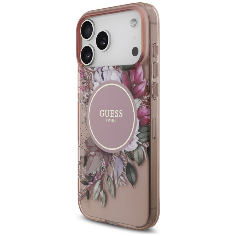 Guess IML Flowers Pearl Strap MagSafe vāciņš Apple iPhone 18 Pro Max / 17 Pro Max, rozā