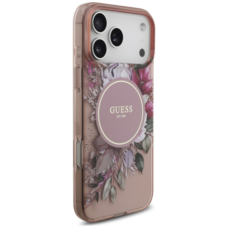 Guess IML Flowers Pearl Strap MagSafe vāciņš Apple iPhone 18 Pro Max / 17 Pro Max, rozā