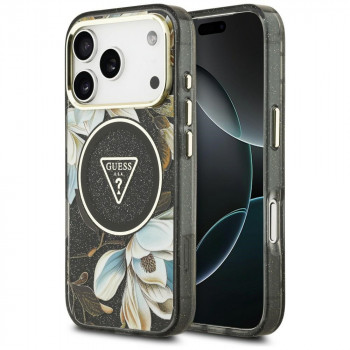 Guess IML Glitter Flowers Triangle MagSafe vāciņš Apple iPhone 18 Pro Max / 17 Pro Max, melns