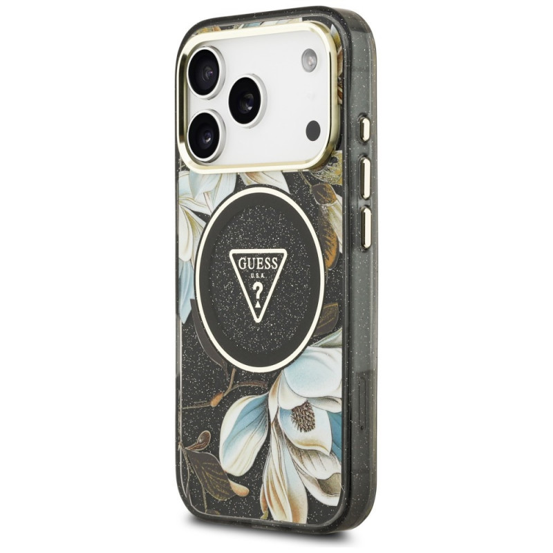 Guess IML Glitter Flowers Triangle MagSafe vāciņš Apple iPhone 18 Pro Max / 17 Pro Max, melns