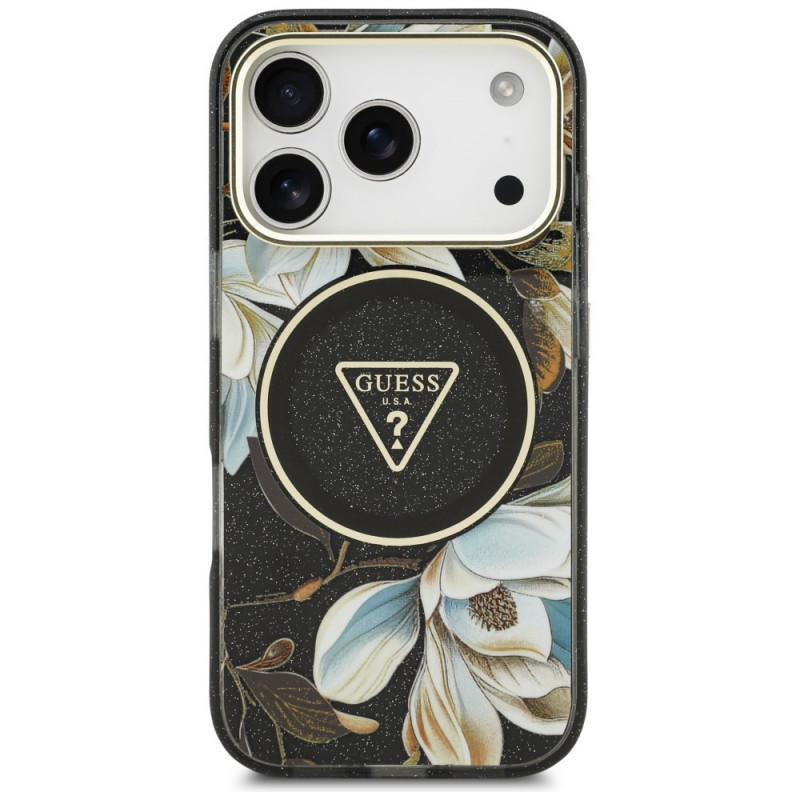 Guess IML Glitter Flowers Triangle MagSafe vāciņš Apple iPhone 18 Pro Max / 17 Pro Max, melns