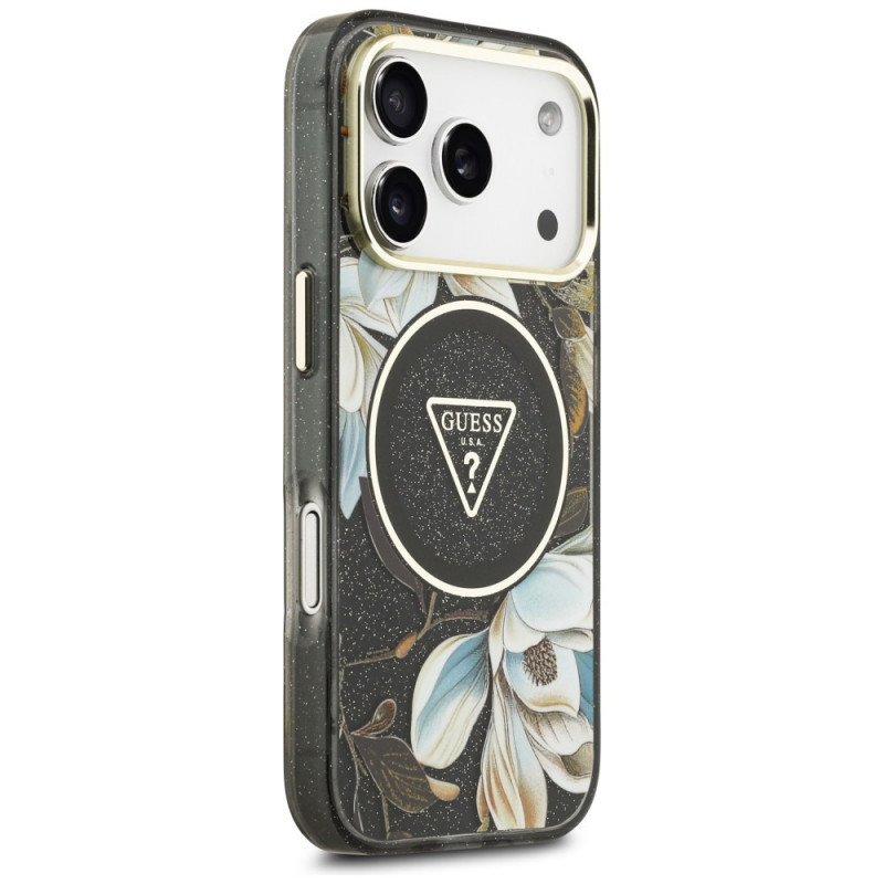 Guess IML Glitter Flowers Triangle MagSafe vāciņš Apple iPhone 18 Pro Max / 17 Pro Max, melns