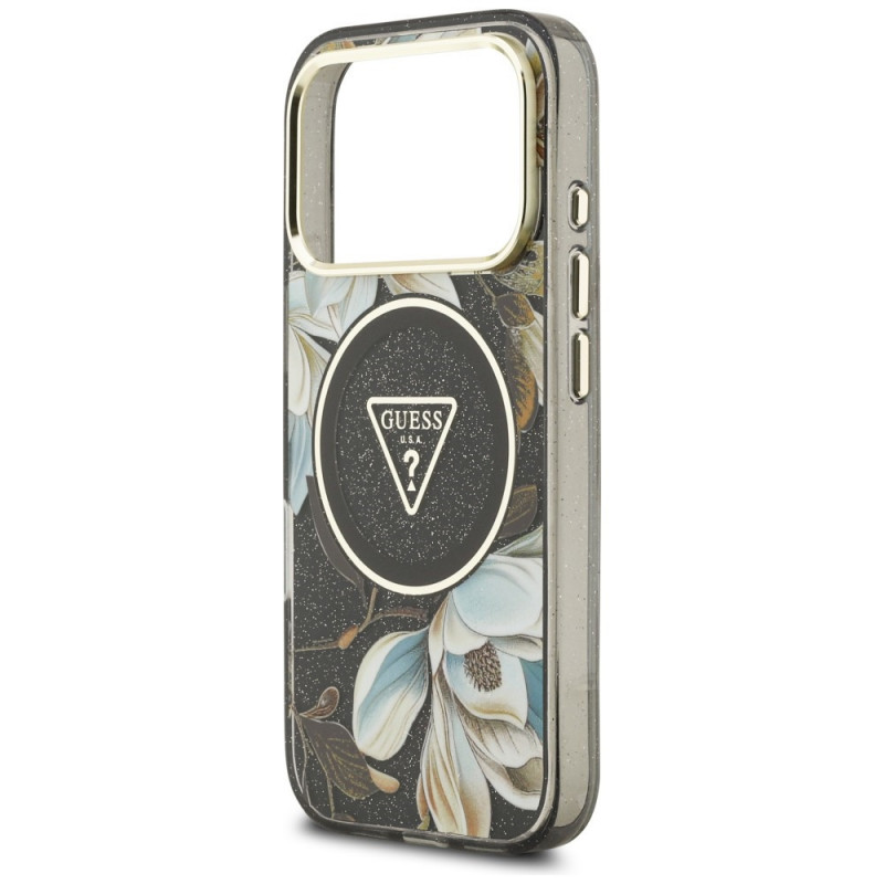 Guess IML Glitter Flowers Triangle MagSafe vāciņš Apple iPhone 18 Pro Max / 17 Pro Max, melns