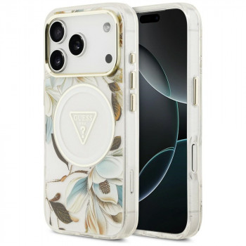 Guess IML Glitter Flowers Triangle MagSafe vāciņš Apple iPhone 18 Pro Max / 17 Pro Max, balts