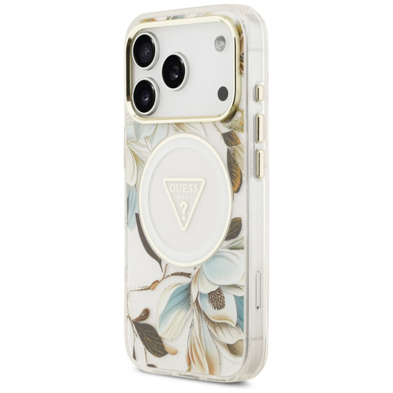 Guess IML Glitter Flowers Triangle MagSafe vāciņš Apple iPhone 18 Pro Max / 17 Pro Max, balts