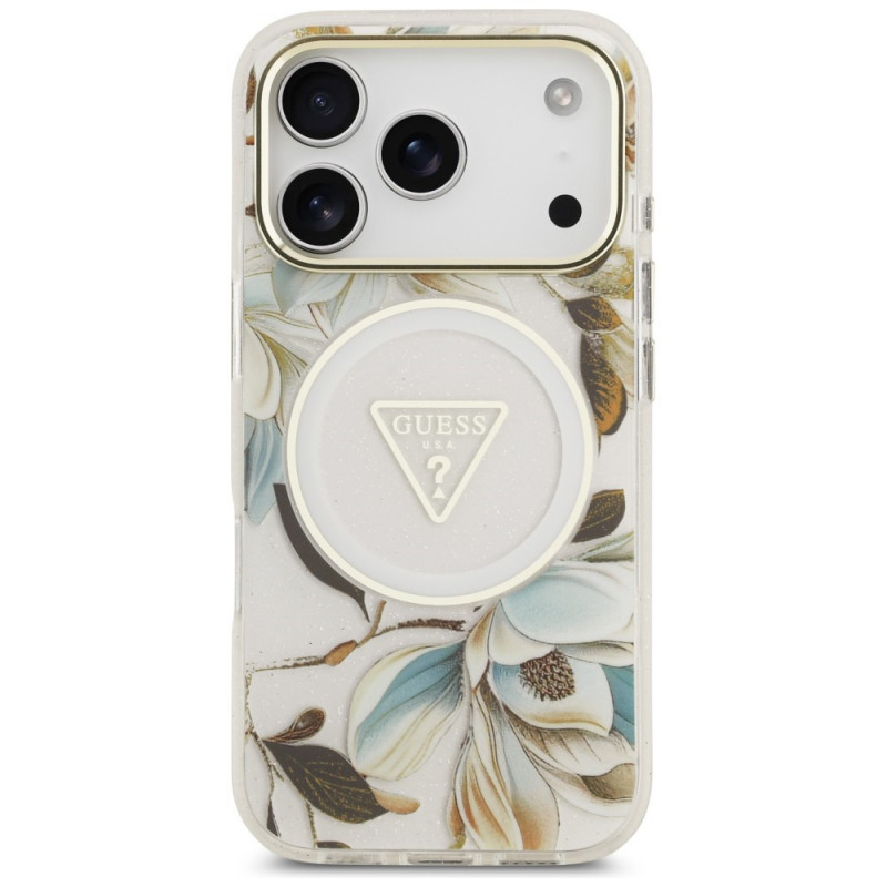 Guess IML Glitter Flowers Triangle MagSafe vāciņš Apple iPhone 18 Pro Max / 17 Pro Max, balts