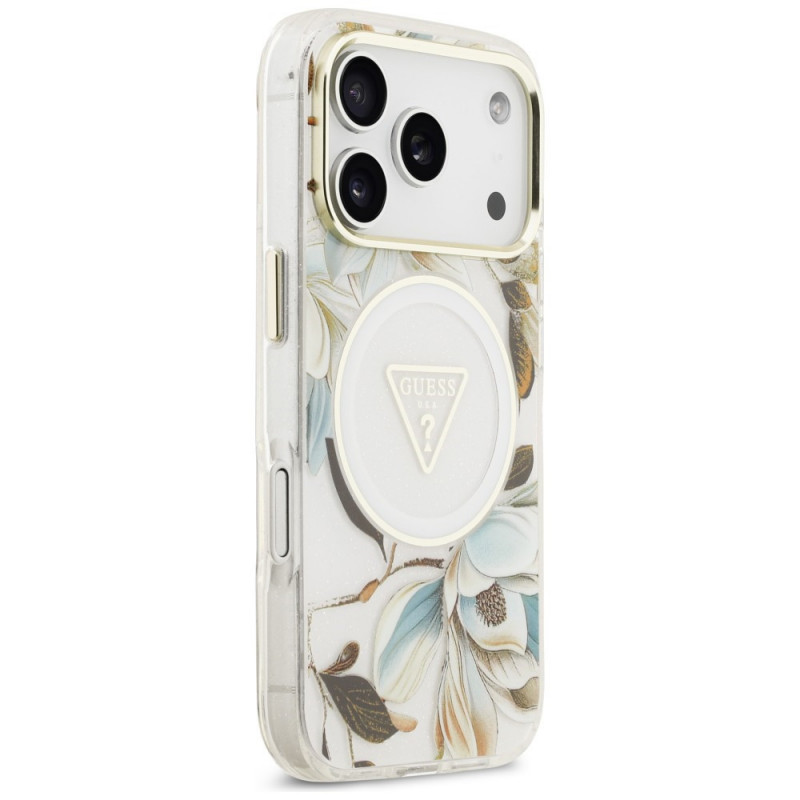 Guess IML Glitter Flowers Triangle MagSafe vāciņš Apple iPhone 18 Pro Max / 17 Pro Max, balts