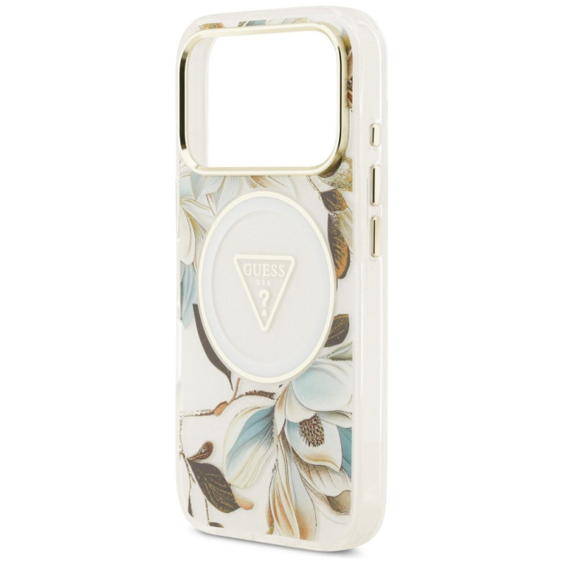 Guess IML Glitter Flowers Triangle MagSafe vāciņš Apple iPhone 18 Pro Max / 17 Pro Max, balts