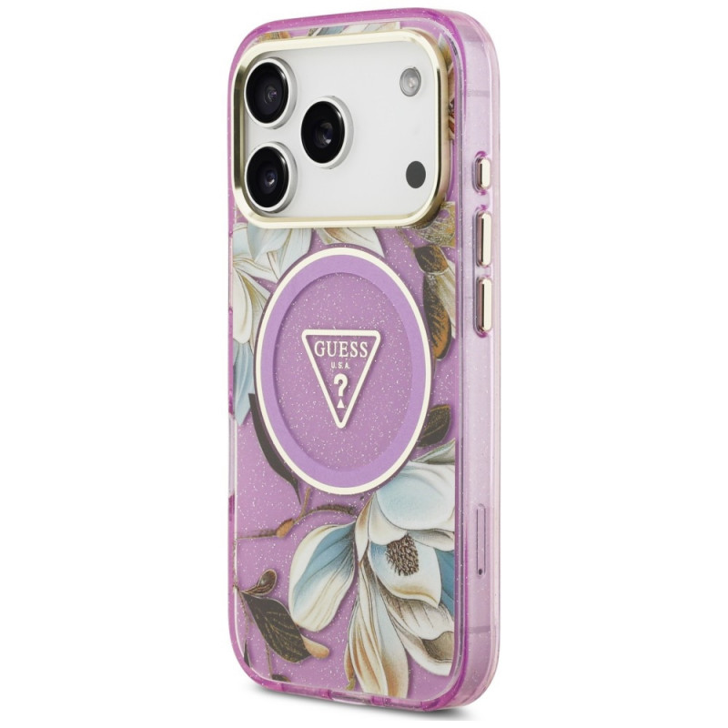 Guess IML Glitter Flowers Triangle MagSafe vāciņš Apple iPhone 18 Pro Max / 17 Pro Max, purpura