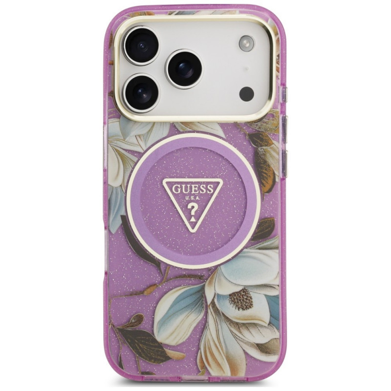 Guess IML Glitter Flowers Triangle MagSafe vāciņš Apple iPhone 18 Pro Max / 17 Pro Max, purpura