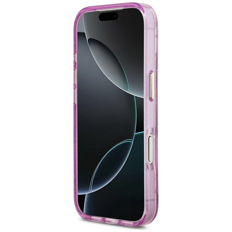 Guess IML Glitter Flowers Triangle MagSafe vāciņš Apple iPhone 18 Pro Max / 17 Pro Max, purpura