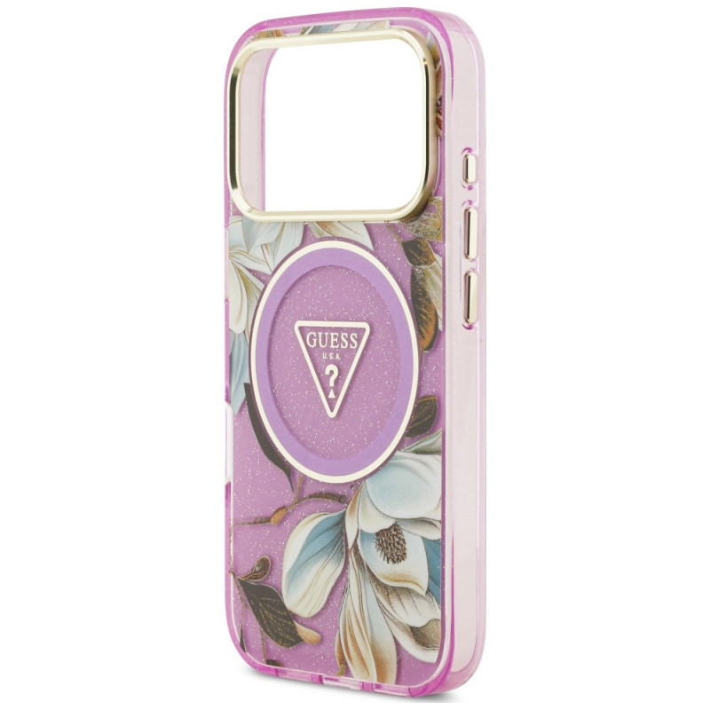 Guess IML Glitter Flowers Triangle MagSafe vāciņš Apple iPhone 18 Pro Max / 17 Pro Max, purpura