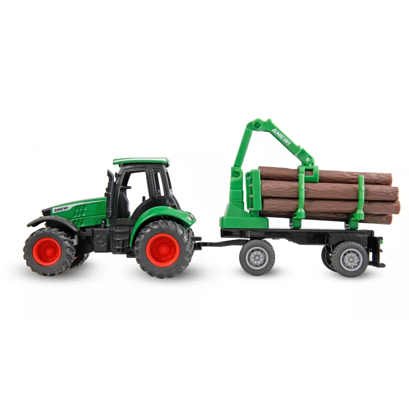 Amewi metāla traktors ar mežizstrādes piekabi, 1:64, RTR, zaļš
