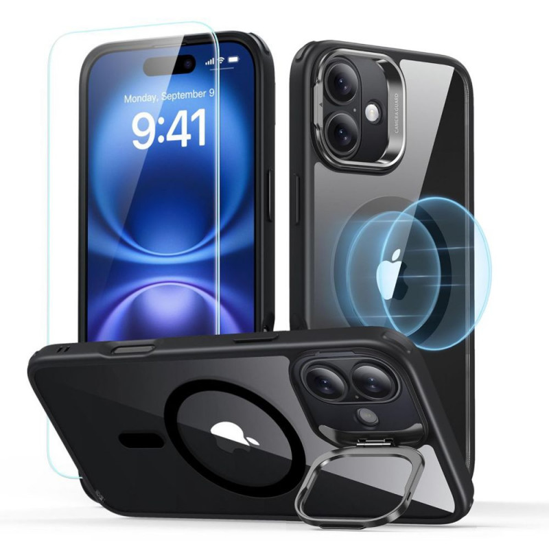 ESR Classic Hybrid Kickstand HaloLock MagSafe vāciņš ar rūdītu stiklu Apple iPhone 16, caurspīdīgs/melns