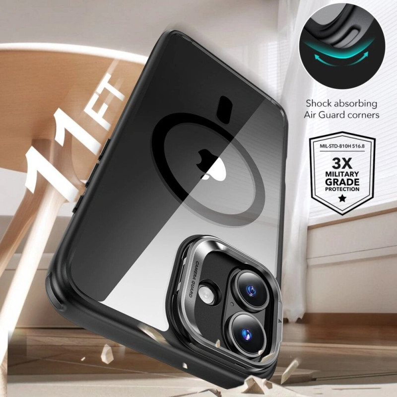 ESR Classic Hybrid Kickstand HaloLock MagSafe vāciņš ar rūdītu stiklu Apple iPhone 16, caurspīdīgs/melns