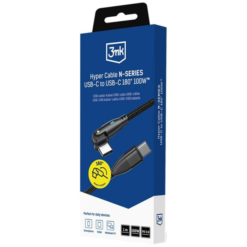 3MK Hyper Cable N-SERIES USB-C uz USB-C kabelis ar 180° grozāmu galu, 1 m, 100 W, melns