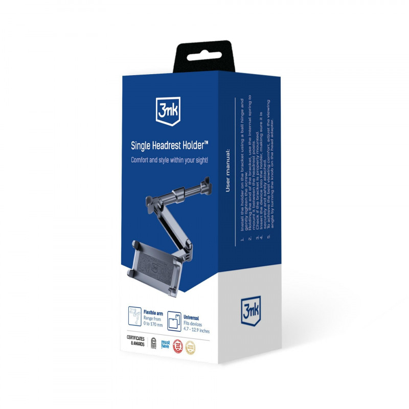 3MK Single Headrest Holder tālruņu un planšetdatoru turētājs automašīnas galvas balstā 4.7"-12.9", melns
