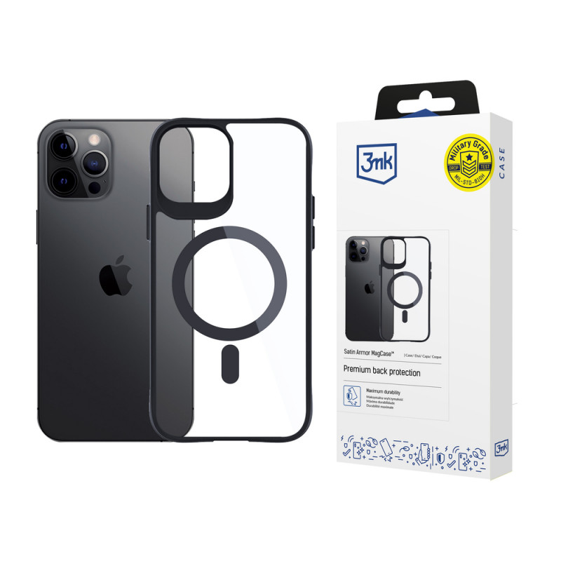 3MK Satin Armor MagCase ar MagSafe Apple iPhone 12 Pro Max, caurspīdīgs ar melnu rāmi