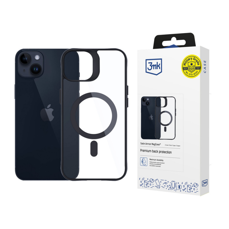 3MK Satin Armor MagCase ar MagSafe Apple iPhone 14 Plus, caurspīdīgs ar melnu rāmi (156076-0)