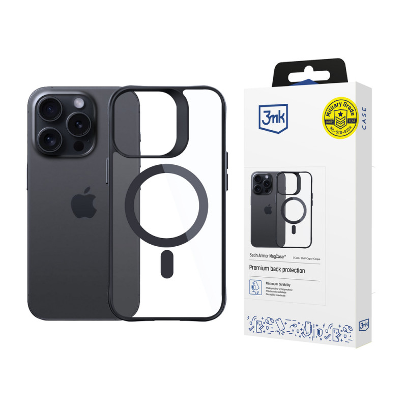 3MK Satin Armor MagCase ar MagSafe Apple iPhone 14 Pro Max, caurspīdīgs ar melnu rāmi