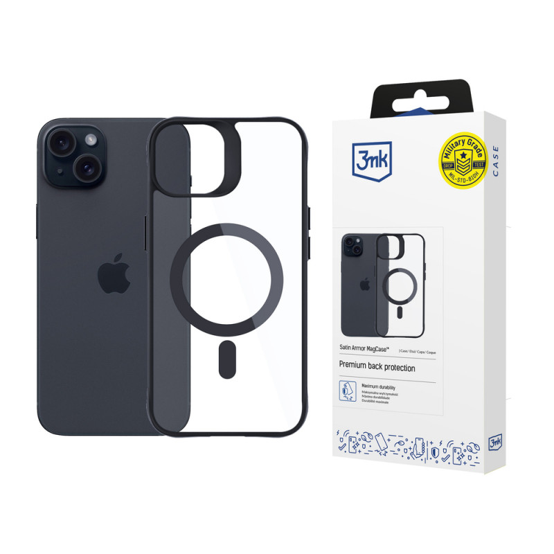 3MK Satin Armor MagCase ar MagSafe Apple iPhone 15, caurspīdīgs ar melnu rāmi
