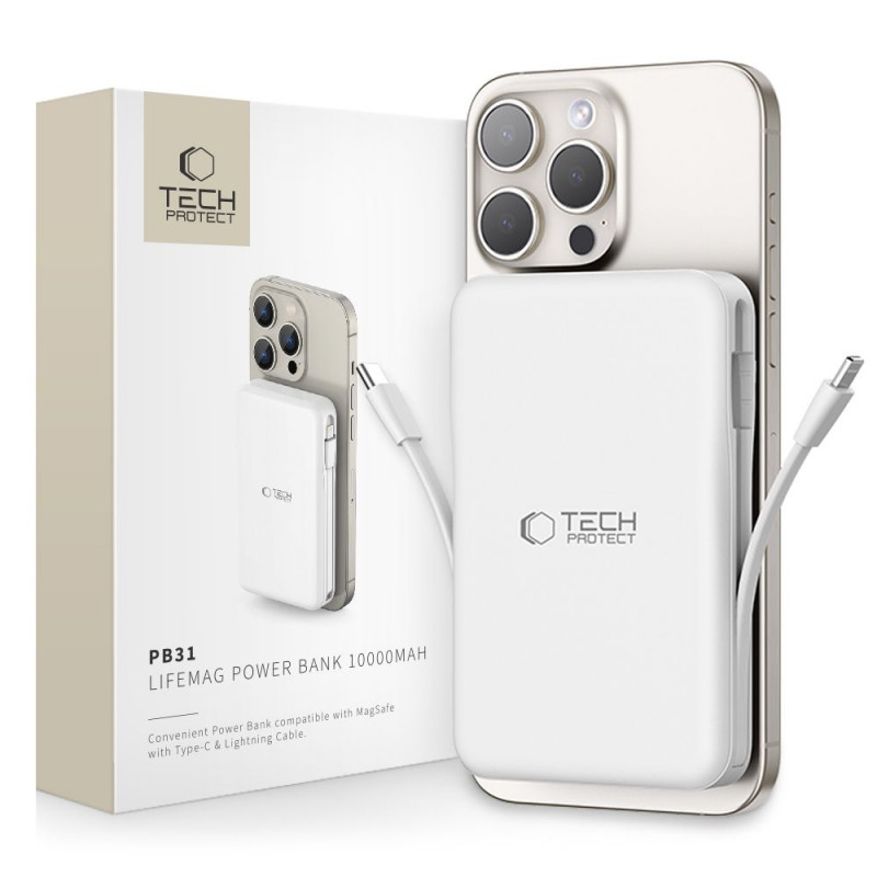 Tech-Protect PB31 LifeMag MagSafe pārnēsājamais akumulators 10000 mAh, 15 W, balts