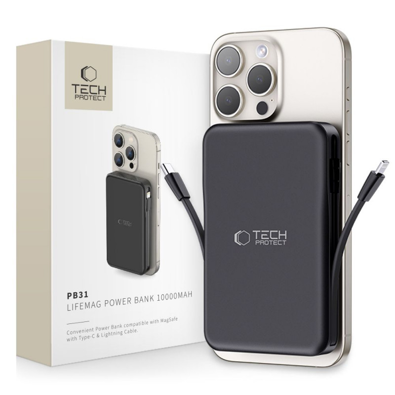Tech-Protect PB31 LifeMag MagSafe pārnēsājamais akumulators 10000 mAh, 15 W, melns