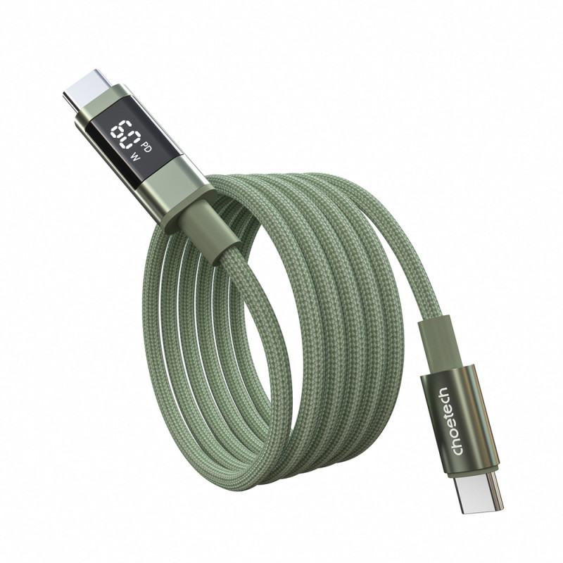 Choetech XCC-1068 PD 60W USB-C uz USB-C kabelis ar displeju, 1,2 m, zaļš