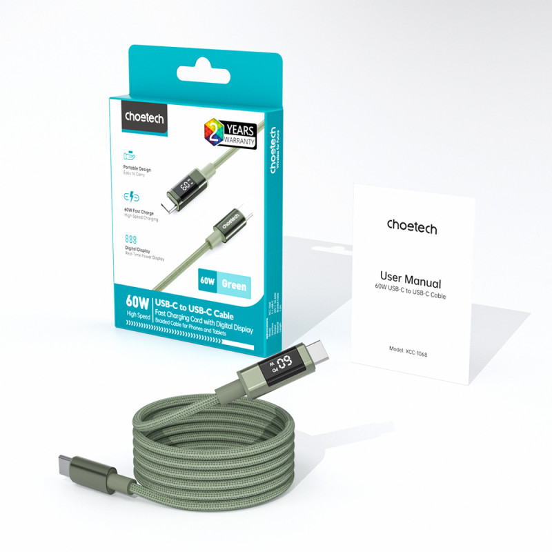 Choetech XCC-1068 PD 60W USB-C uz USB-C kabelis ar displeju, 1,2 m, zaļš