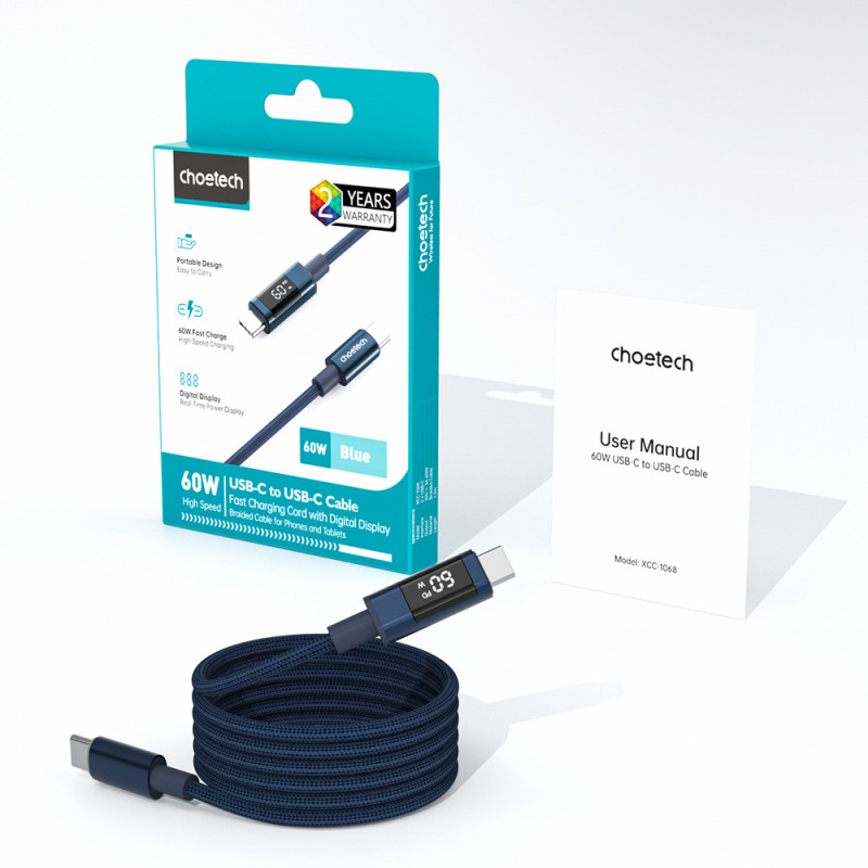 Choetech XCC-1068 PD 60W USB-C–USB-C kabelis ar displeju, 1,2 m, zils