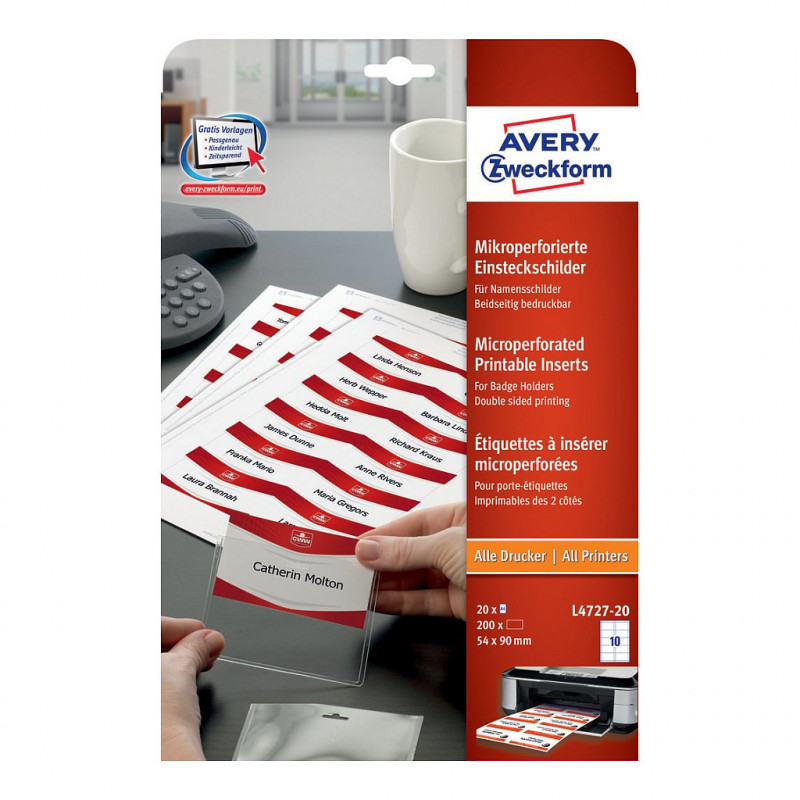 Avery Zweckform L4727-20 pašlīmējošas vārda nozīmītes etiķetes, 90 x 54 mm, baltas