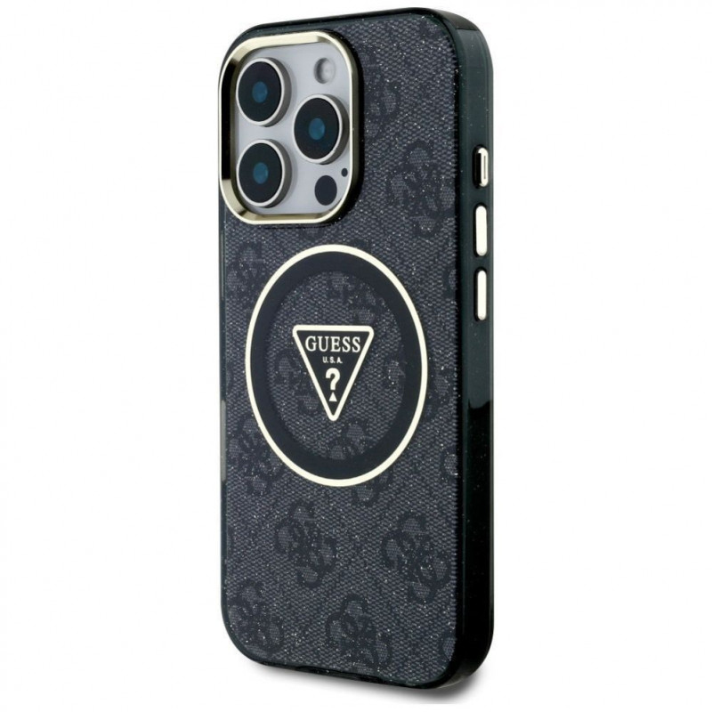 Guess GUHMP16LHG4PRTGK IML Metal Glitter 4G Circle Triangle MagSafe vāciņš Apple iPhone 16 Pro, melns