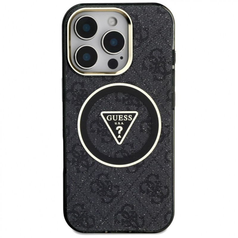 Guess GUHMP16LHG4PRTGK IML Metal Glitter 4G Circle Triangle MagSafe vāciņš Apple iPhone 16 Pro, melns