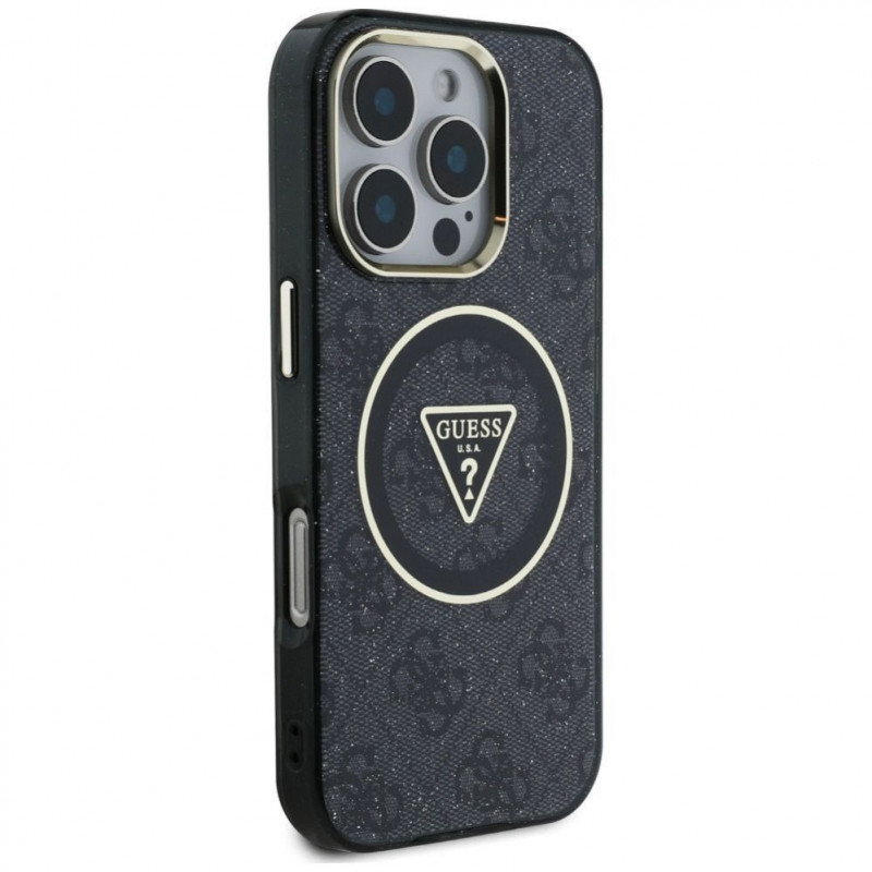 Guess GUHMP16LHG4PRTGK IML Metal Glitter 4G Circle Triangle MagSafe vāciņš Apple iPhone 16 Pro, melns