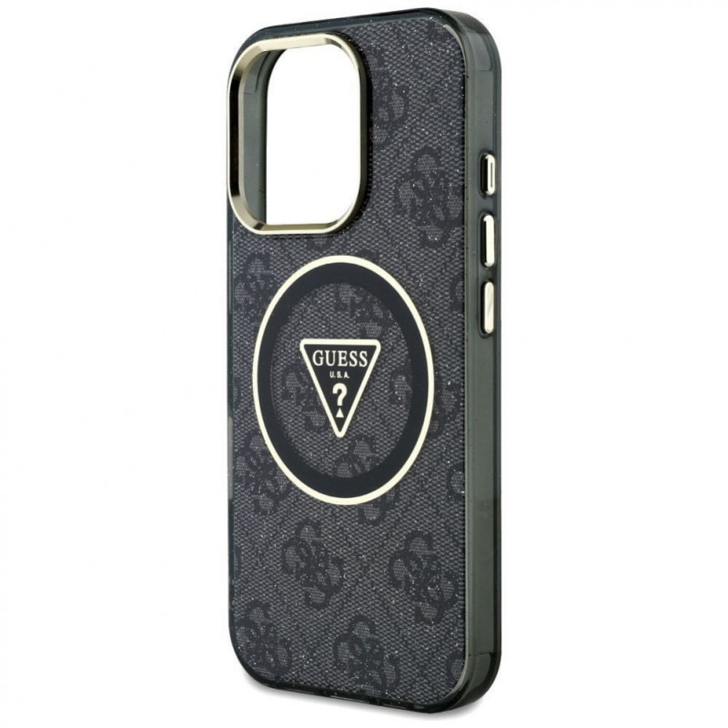 Guess GUHMP16LHG4PRTGK IML Metal Glitter 4G Circle Triangle MagSafe vāciņš Apple iPhone 16 Pro, melns
