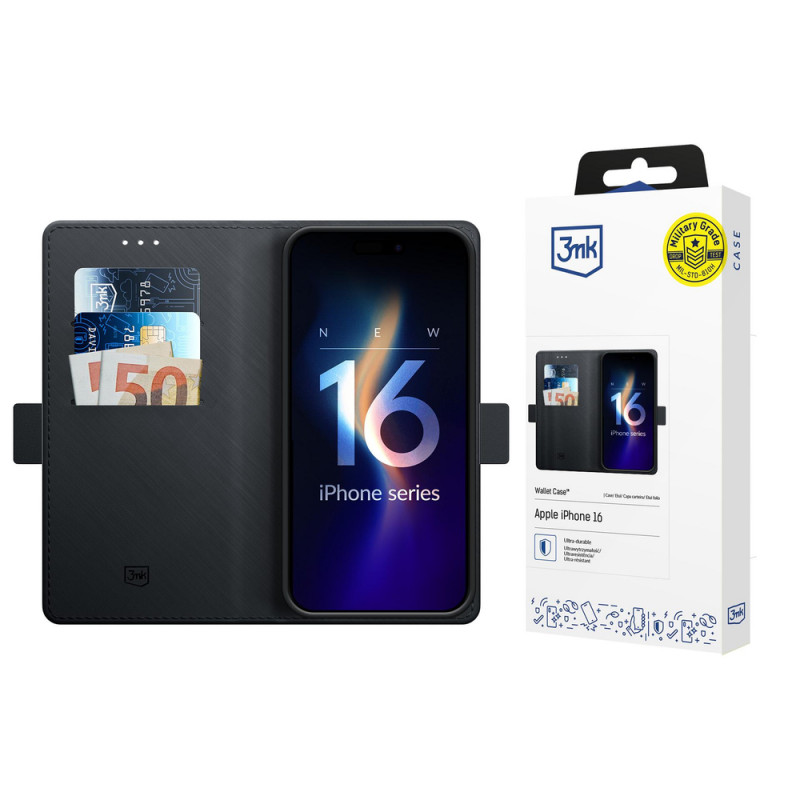 3MK Wallet Case vāciņš Apple iPhone 16, melns