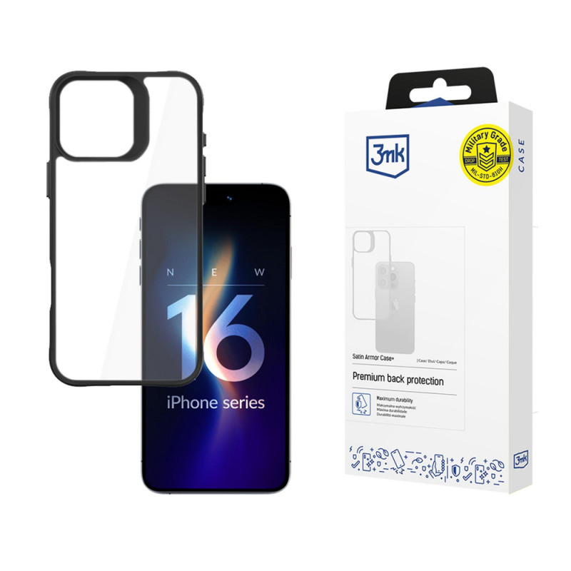 3mk Satin Armor Case+ Apple iPhone 16 Pro Max, caurspīdīgs ar melnu rāmi